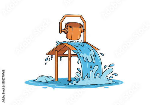 A playful bucket splash surprise! Vibrant blue water cascades dramatically, creating a refreshing and joyful visual. Perfect for summer, fun, or relaxation themes.