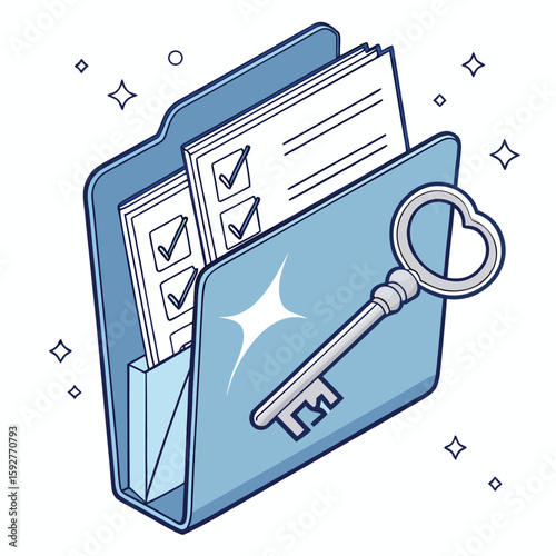 Vector art of a blue folder containing documents and a checklist, with a key symbolizing access