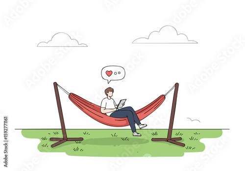 A relaxed young man enjoys digital content in a hammock outdoors. He?s smiling, using a tablet, and surrounded by a peaceful scene. Soft colors and a dreamy atmosphere.