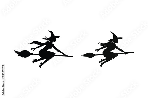 Set of flying witch on broom silhouette vector illustration