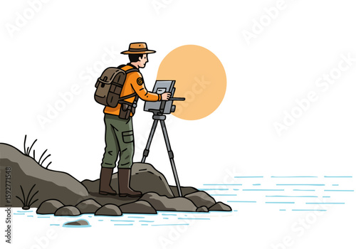A river guard uses a surveying tripod and tablet to monitor a riverbank.  A warm, sunny scene evokes a sense of duty and nature.  Clear composition, vibrant colors.