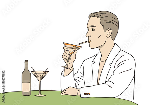 A stylish man enjoys a sophisticated sip of a martini.  Illustration style, warm orange background, conveying a relaxed, upscale moment. Perfect for lifestyle and business themes.