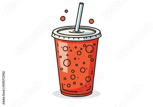 A vibrant illustration of a drive-thru soda cup with a splash, perfect for marketing and branding. Bold colors and playful design create an eye-catching visual.