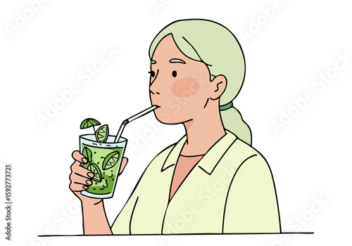woman enjoys a mindful mocktail radiating calm and joy  Clean lines soft colors and a refreshing drink create a serene modern aesthetic Perfect for wellness and lifestyle visuals