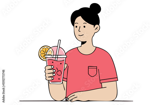 woman enjoys a fruity refreshment radiating a relaxed and happy vibe Clean lines and a bright color palette create a modern appealing image suitable for various commercial uses