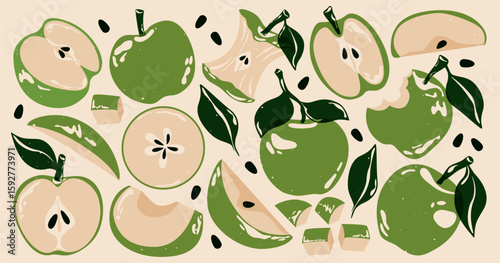 Green apples. Fresh apple fruits with leaves and seeds, ripe apples whole and cut pieces, abstract tropical fruit with leaf, peel, natural organic sweet sour ingredients. Vector risograph set