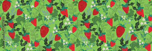 Seamless strawberry pattern with leaves and blossoms in a hand-drawn style. Cute trendy design. Vector berry print Summer freshness-core meadow green background.