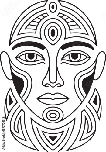 Black and white neotribal mask silhouette line art vector art on white background
