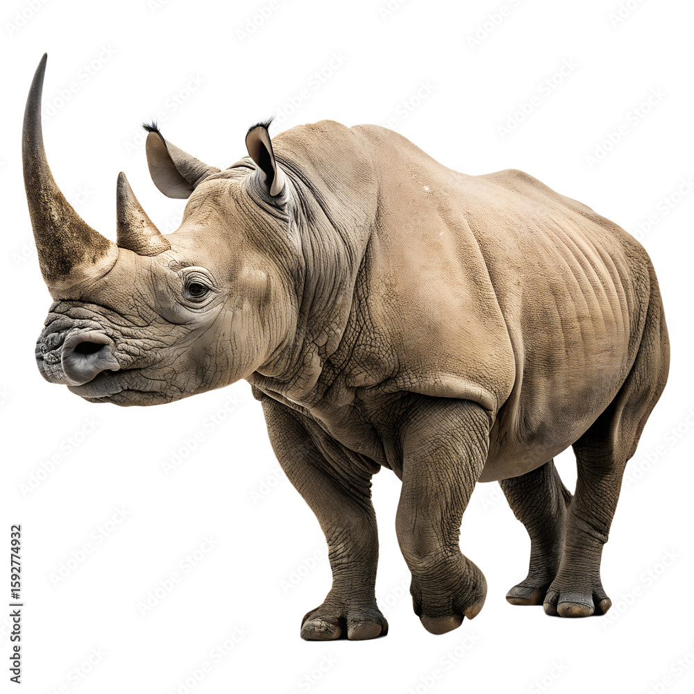 Fototapeta premium A close-up of a white rhinoceros standing on a black background. The rhino has a large horn and a robust body, showcasing its thick skin and distinctive features.