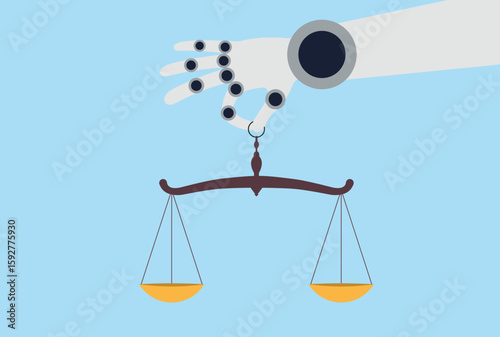 Vector illustration of a robotic hand holding a balance scale, symbolizing the harmony between technology, ethics, and justice in the age of AI and automation
