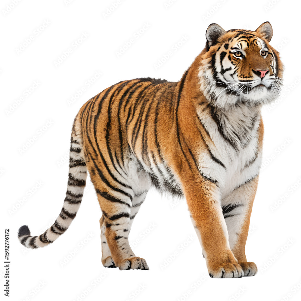 A majestic Bengal tiger stands confidently against a black background. Its orange fur is marked with bold black stripes, showcasing its powerful physique. A majestic Bengal tiger stands confidently against a black background. Its orange fur is marked with bold black stripes, showcasing its powerful physique.