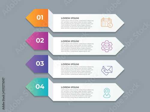 4 points template infographic outline style with 4 point step template with creative box with circle edge on vertical stack layout for slide presentation