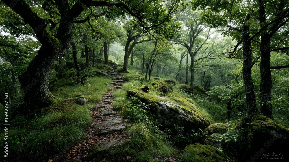 Obraz premium Misty forest path winding through lush greenery