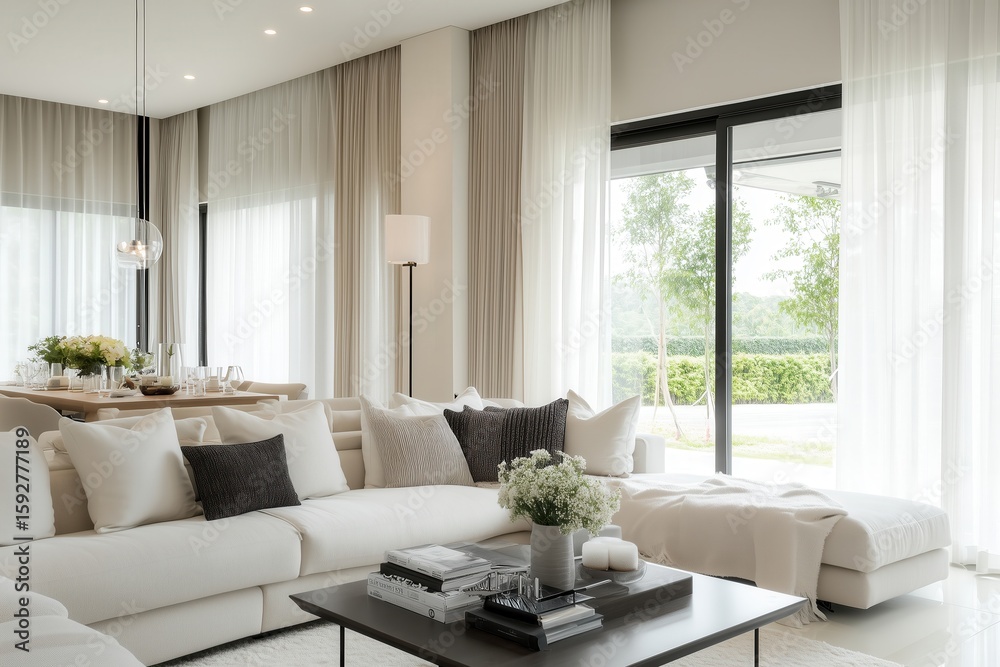 Fototapeta premium Sala de estar contemporânea com janelas amplas, cortinas translúcidas e decoração escandinava em tons claros, iluminada por luz natural suave, IA generativa