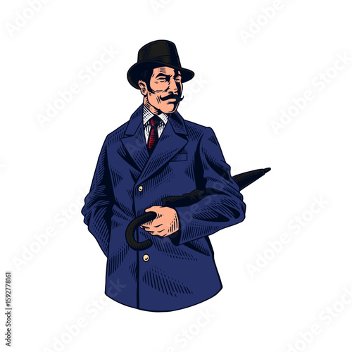 Distinguished gentleman in vintage attire, a refined graphic suited for branding, logo design, and stylish creative projects.