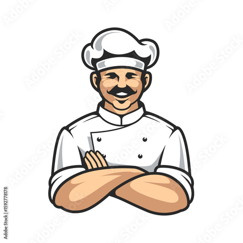 Cheerful chef with crossed arms, a cookery professional suitable for menu designs, food blog headers, and culinary school advertisements.