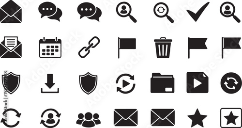 Black icons for communication and business on white background