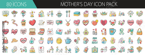 80 Lovely Mother’s Day Icons for Celebrations - Set of 80 charming vector icons for Mother’s Day, featuring hearts, flowers, gifts, moms, love notes, and appreciation-themed symbols.