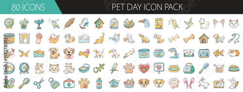80 Cute Pet Day Icons for Animal Lovers - Set of 80 colorful vector icons celebrating Pet Day, featuring cats, dogs, birds, pet care items, toys, and animal-themed graphics.