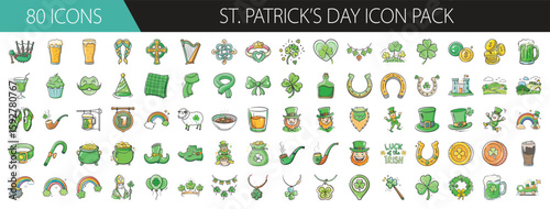 80 Green St. Patrick’s Day Vector Icons - Collection of 80 festive St. Patrick’s Day icons featuring shamrocks, leprechauns, beer, rainbows, gold coins, and Irish symbols.