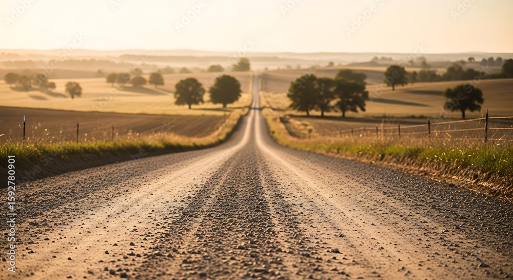 Naklejka premium A long, dusty, gravel road stretches towards the distant horizon, leading through fields.