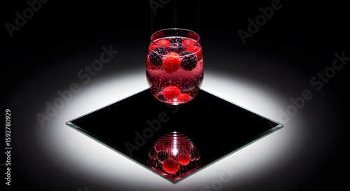 A glass of sparkling red liquid with berries suspended above a black square mirror reflecting light against a dark background.
