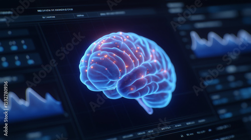 Glowing 3D Brain Analysis on High-Tech Medical Dashboard