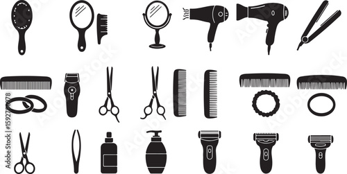 Black silhouette icons of hair and beauty tools hair brush