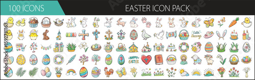 100 Colorful Easter Icons for Design Projects - Set of 100 Easter-themed vector icons including eggs, bunnies, baskets, and decorations for seasonal design and digital projects.