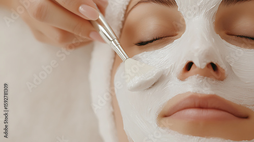 Facial Treatment: Woman receiving a white facial mask application with a brush, eyes closed in a spa setting, focusing on skincare and relaxation.