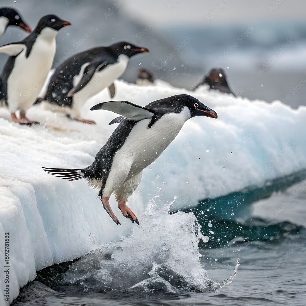 Fototapeta premium Adelie Penguin, pygoscelis adeliae, Group Leaping into Ocean, Paulet Island in Antarctica