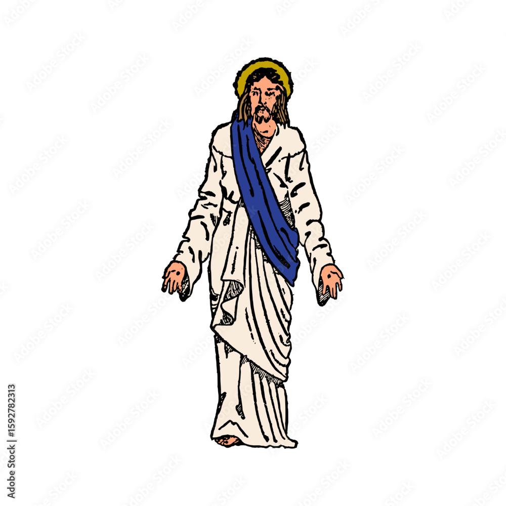 Fototapeta premium Design of a standing figure depicting Jesus Christ with a halo and flowing robe in religious art and spiritual concepts.