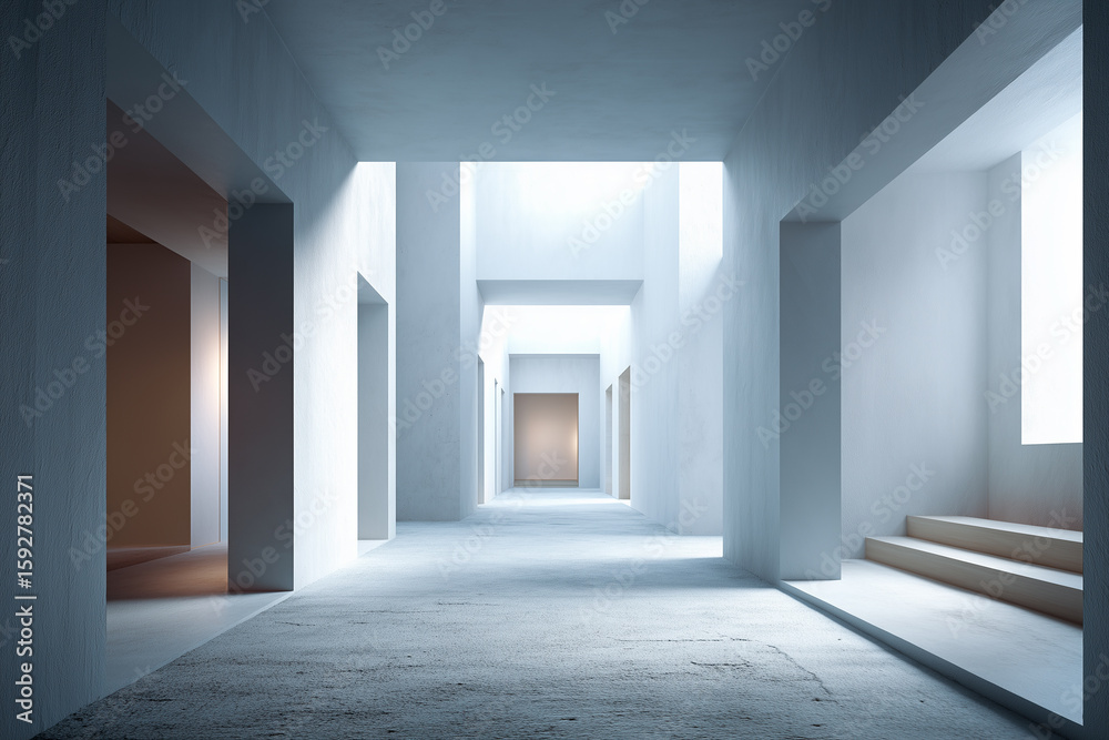 Fototapeta premium Bright Minimalist White Corridor Featuring Recessed Skylight and Uniform Archways