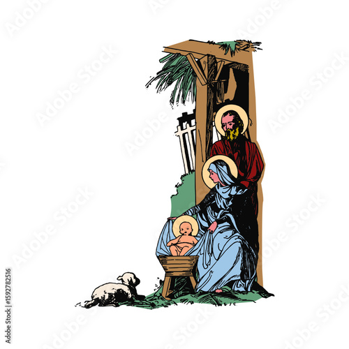 A serene nativity scene presents Mary, Joseph, and baby Jesus in a manger with a lamb, evoking holiday spirit and Christian themes.