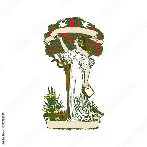 An allegorical graphic features a woman under an apple tree with banners, ideal for decorative elements, logos, and vintage themed design projects.