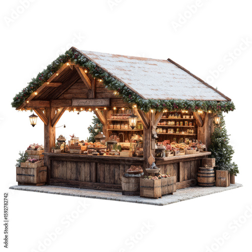 Cozy Wooden Market Stall with Holiday Decor and Festive Items