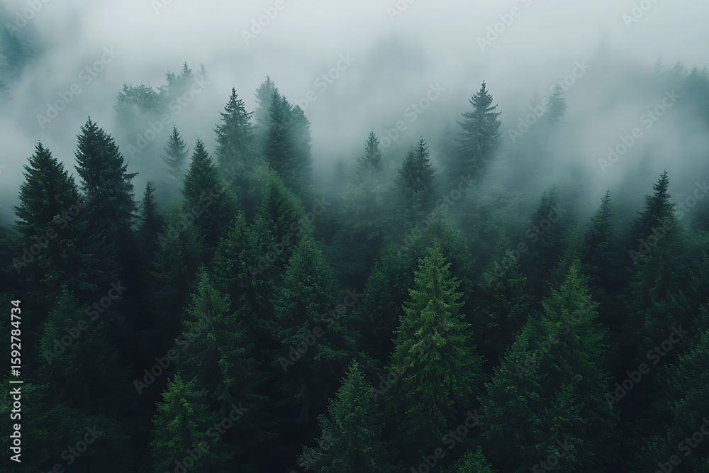 Fototapeta premium High angle view of trees in forest covered by fog
