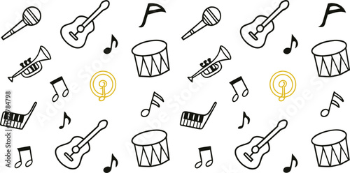 Musical Symphony: A melodic arrangement of musical instruments and symbols on a seamless graphic, perfect for themes around rhythm, song, and the world of sound.