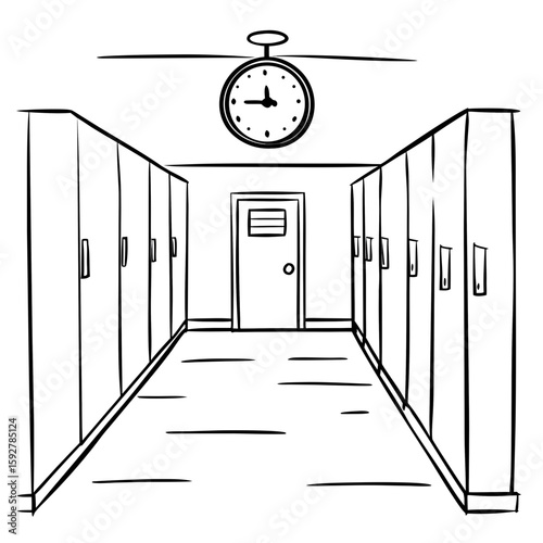 Hallway with lockers and a clock on the wall in simple style  