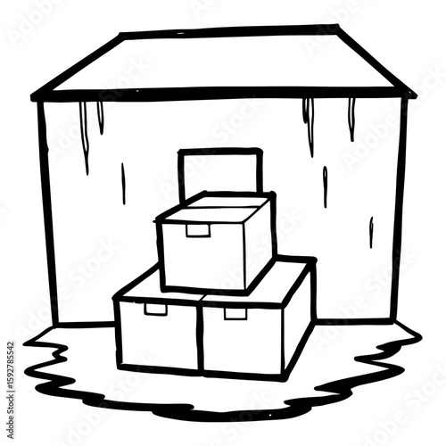 Flooded basement with stacked boxes in monochrome sketch style  