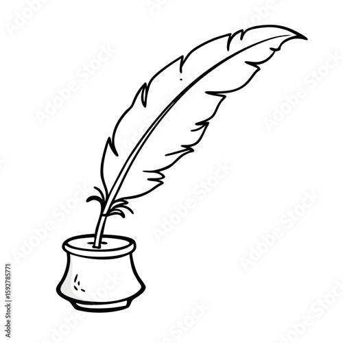 Feather quill in ink holder displayed in minimalist outline style  