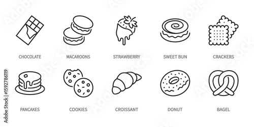 Sweets and desserts line icon set. Chocolate, macaroons, strawberry, sweet bun, crackers, pancakes, cookies, croissant, donut, bagel sign. Vector illustration. Editable stroke. Flat design.