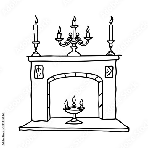 Empty fireplace with candelabra and candles in minimalist style  