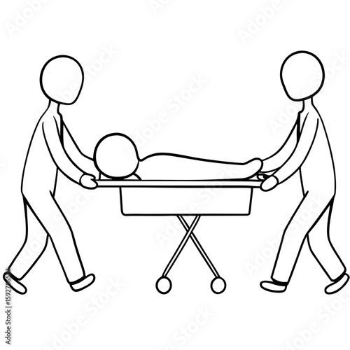 Two stick figures pushing a gurney with a patient in hospital  