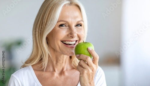 Smiling woman eating a green apple