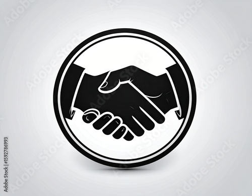 Two hands clasped in a handshake, framed by a circle