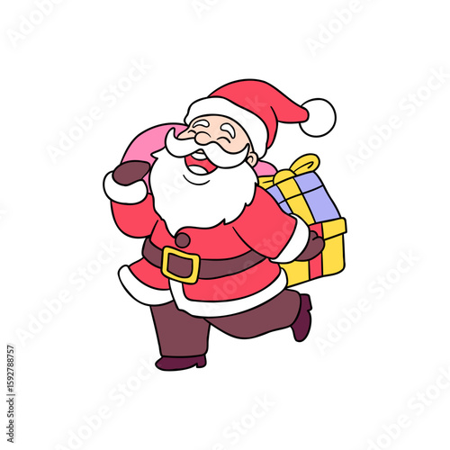 Festive Santa Claus character joyfully running with a sack and presents, perfect for holiday greeting cards, invitations, and seasonal designs.