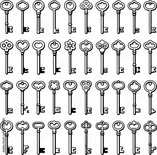 Collection of antique skeleton keys in black outline on white background vintage lock