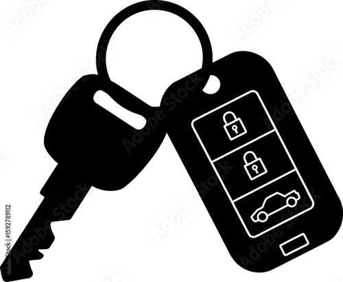 Black silhouette of a car key fob with lock unlock and car icons automobile vehicle
