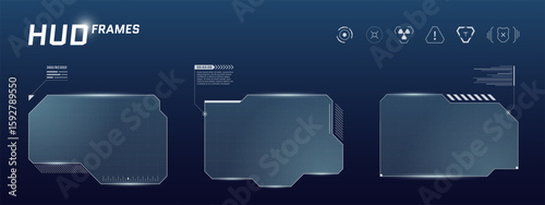 Blue digital interface frame with sci fi HUD elements, glowing buttons and title bar. Futuristic dashboard layout for game stream or cyberpunk virtual display system.